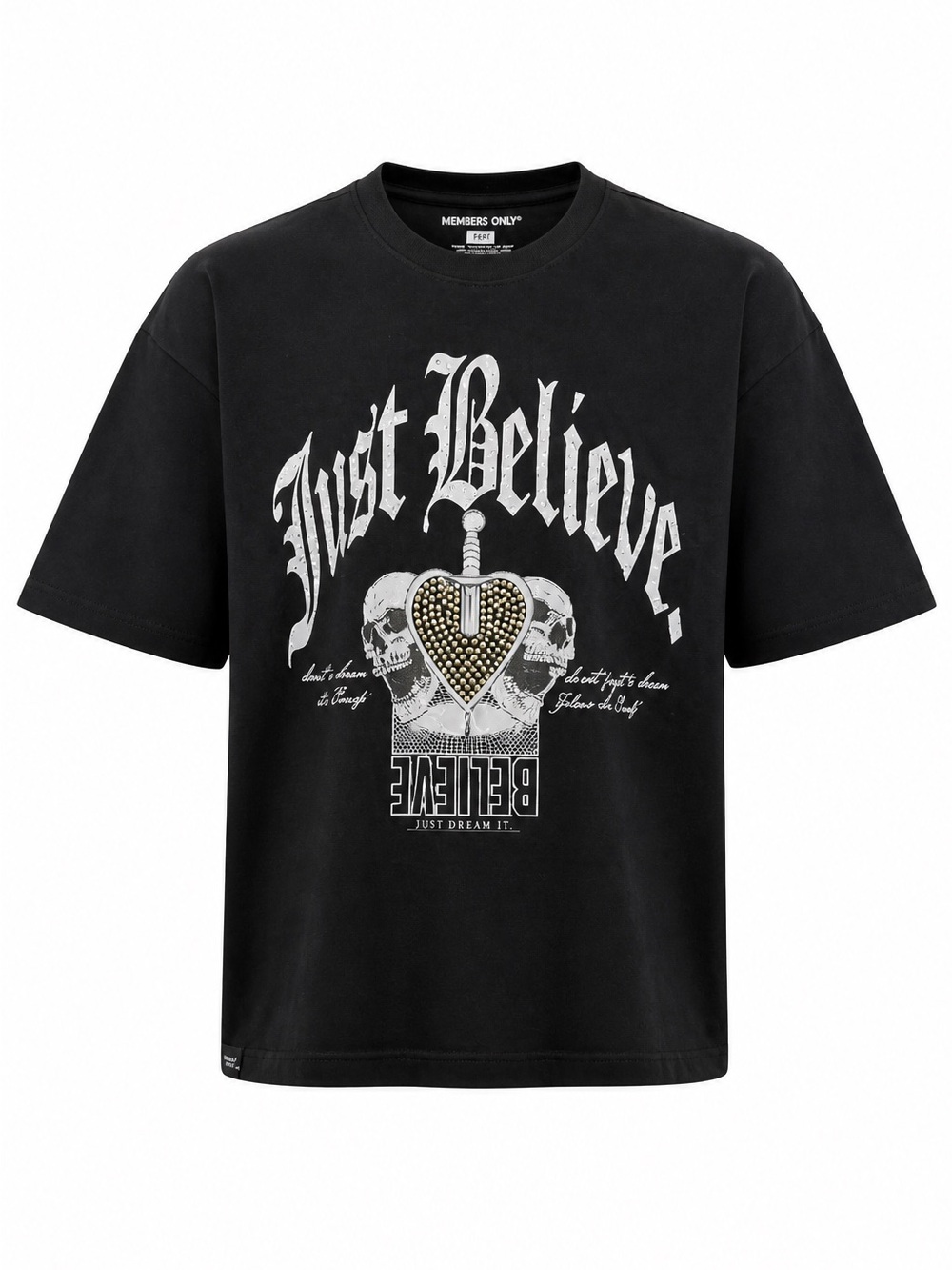 Members Only Black Graphic 'Just Believe' Tee with Studded Heart